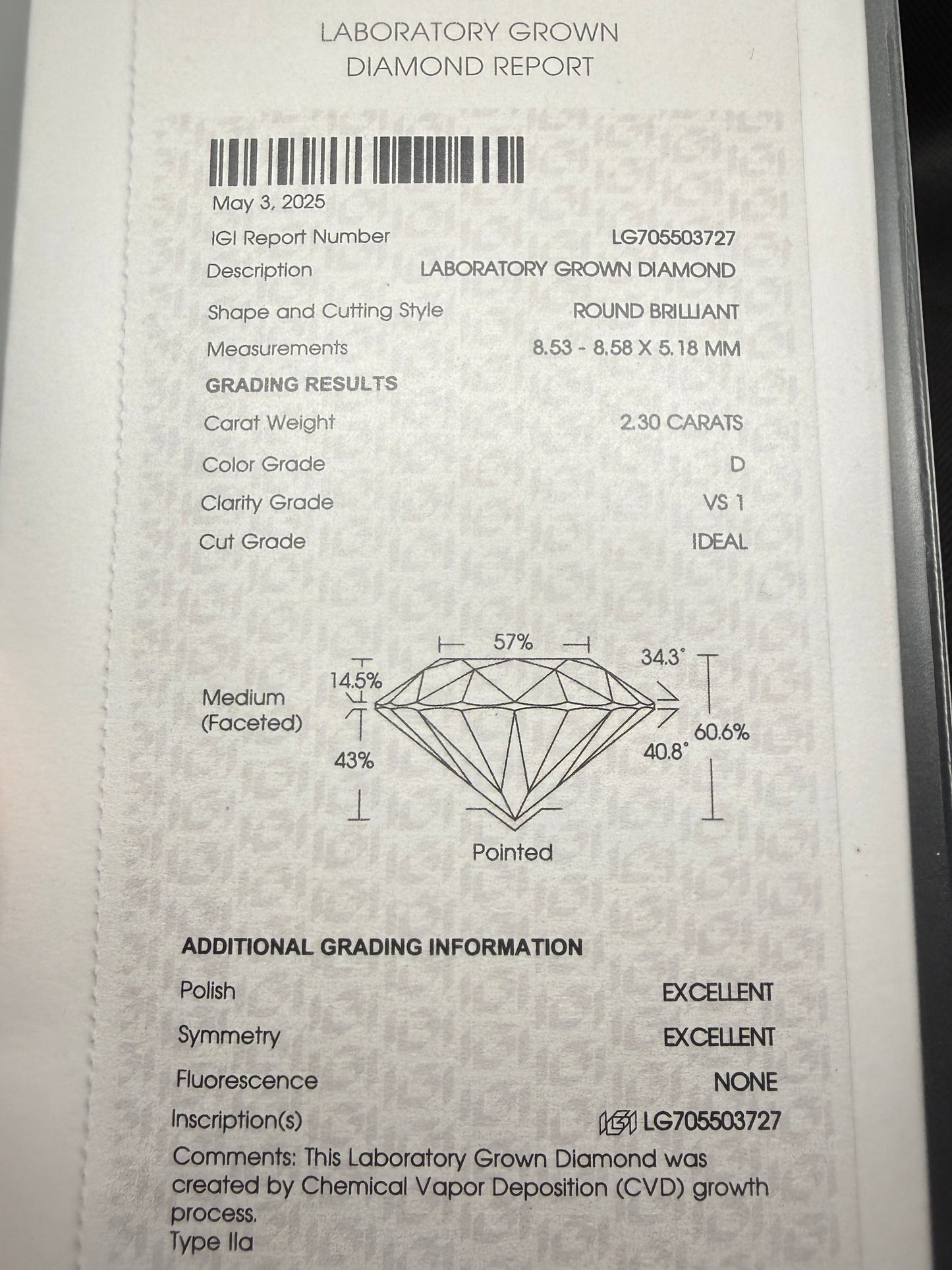 2.3 Carat Round Lab Grown Diamond (D Color, VS 1 Clarity)