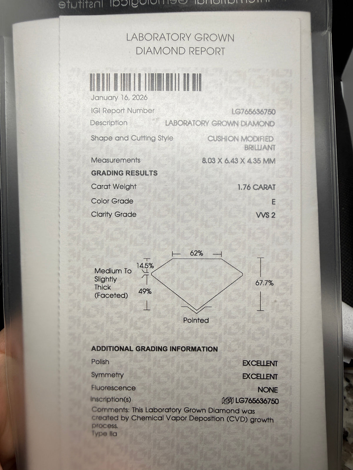 #106 | 1.76 Carat Lab Grown Diamond - Elongated Cushion Cut - E VVS2