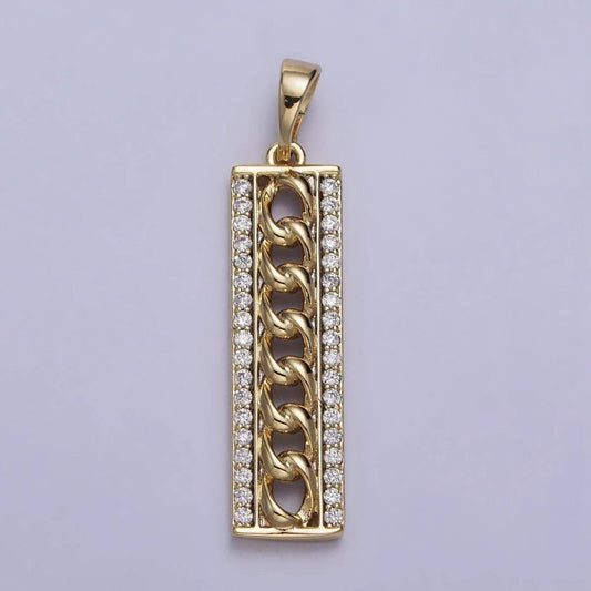 #235 | 14K Gold Filled Micro Paved Curb 34mm Bar Tag Rectangular Pendant