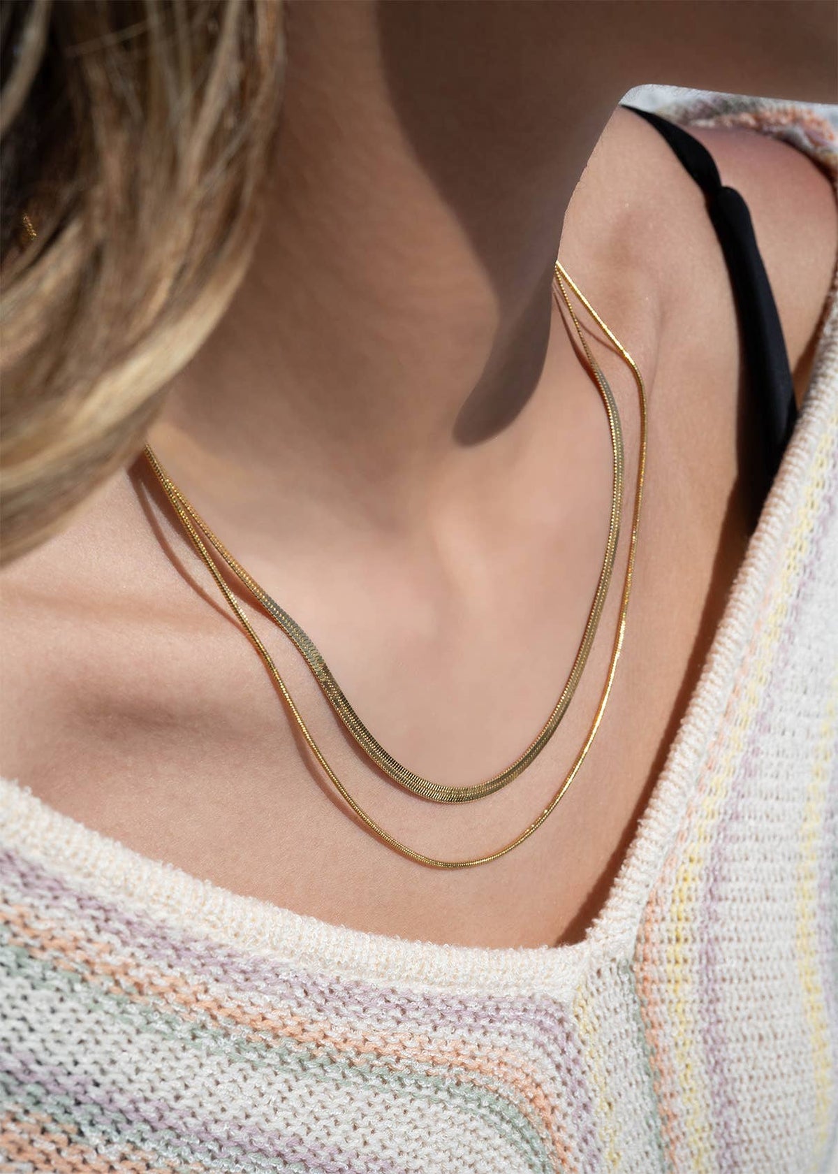 #211 18K Gold PVD Stainless Steel Herringbone and Snake Layered Necklace