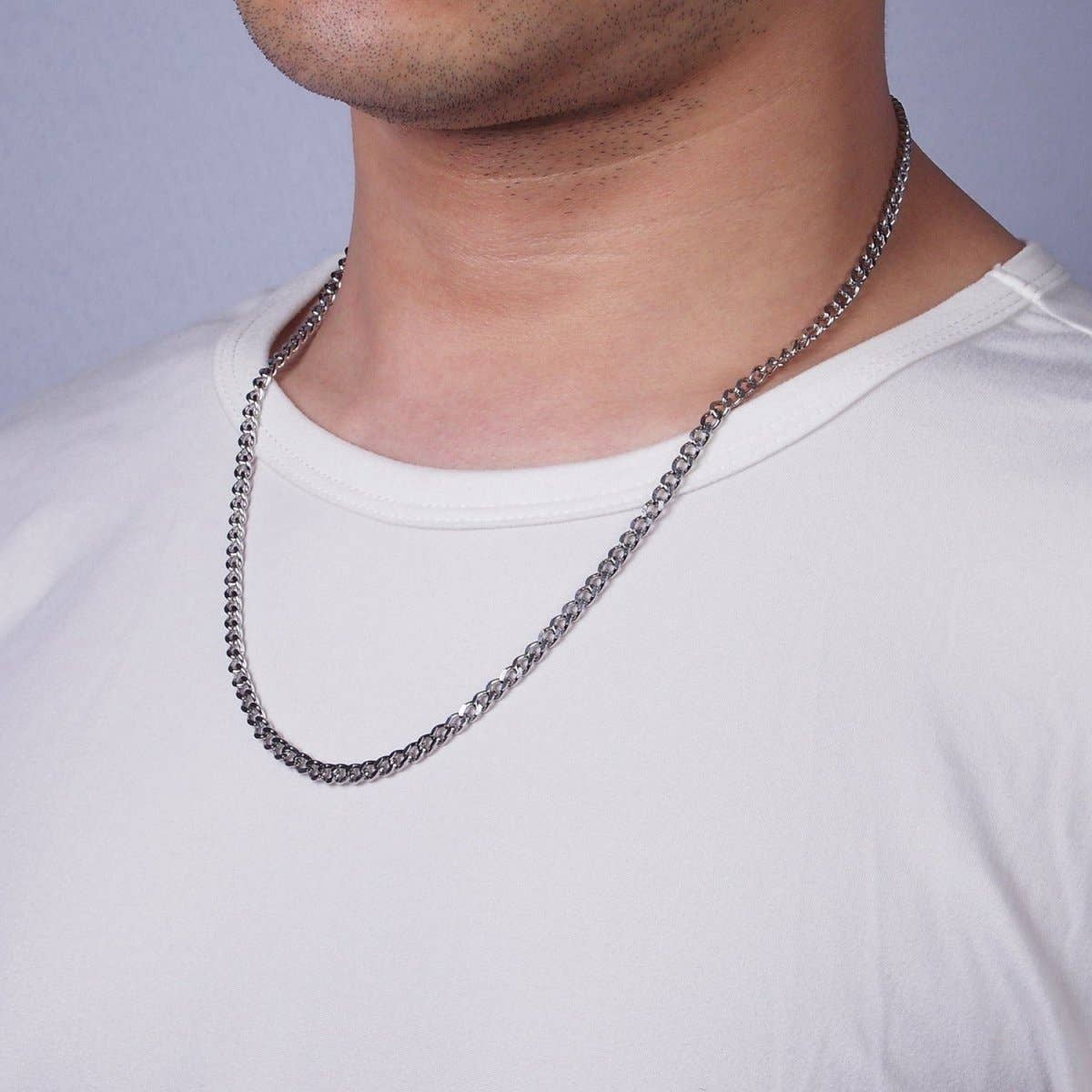(#79) 4mm Wide Gold Filled Chain - 23.6" Unisex Silver Cuban Link Chains Necklace