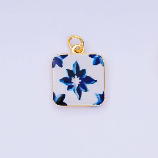 #243 | 24K Gold Filled 17mm Enamel Art Square Red Rose Blue Flower Charm