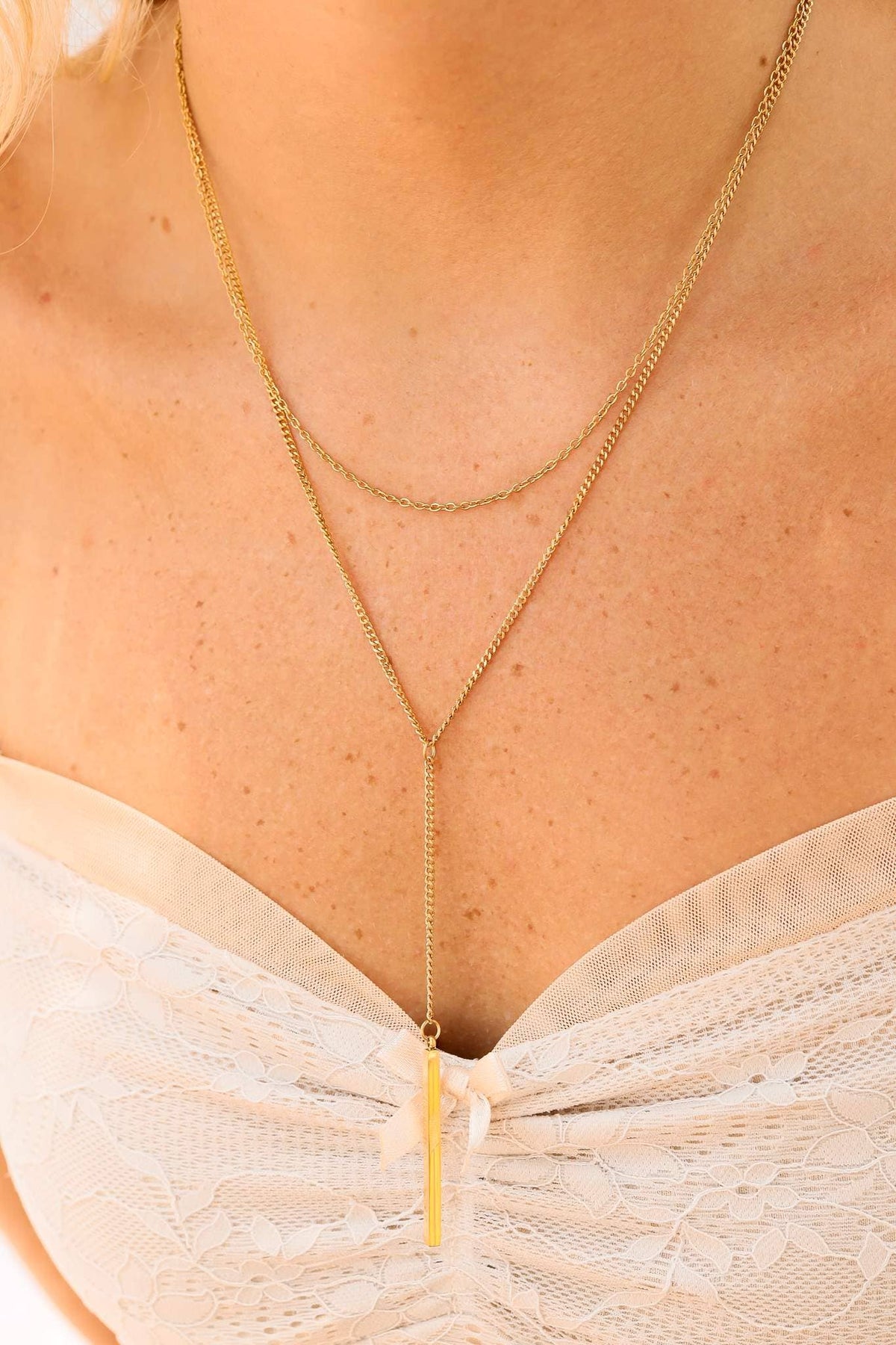 #210 18K Gold PVD Stainless Steel Y-Shaped Bar Pendant Layered Lariat Necklace