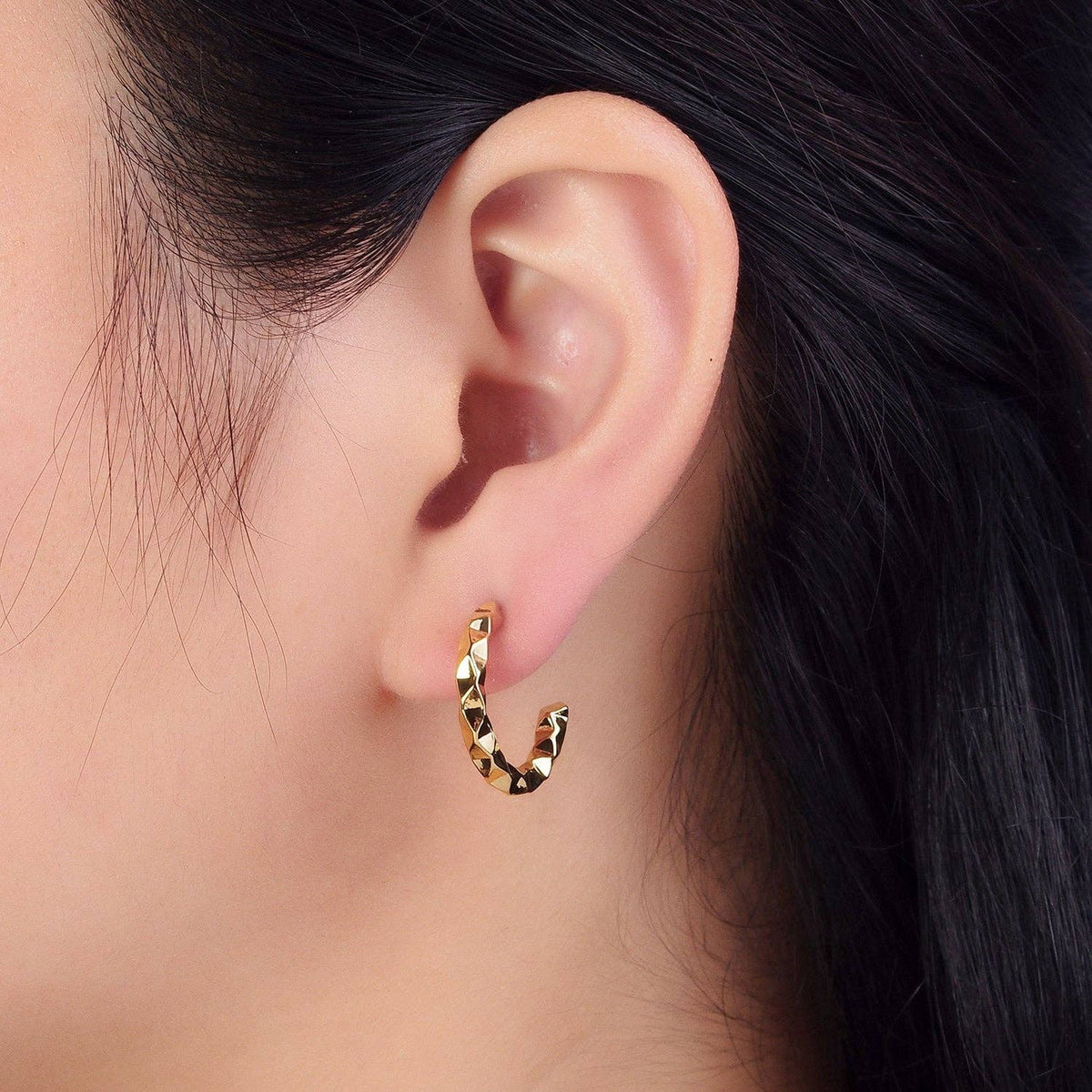 #240 | 16K Gold Filled Hammered Geometric Abstract C-Shaped Hoops Earring