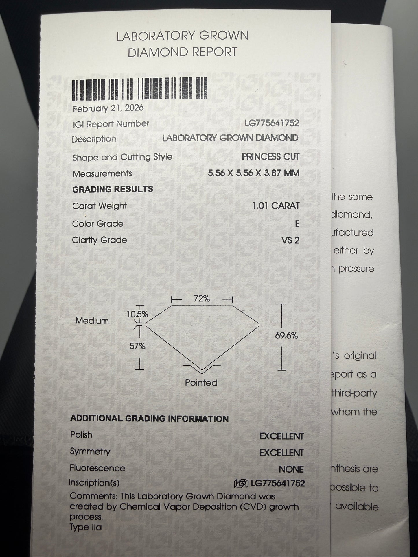 1.01 Carat Princess Cut Lab Grown Diamond (E Color, VS 2 Clarity)
