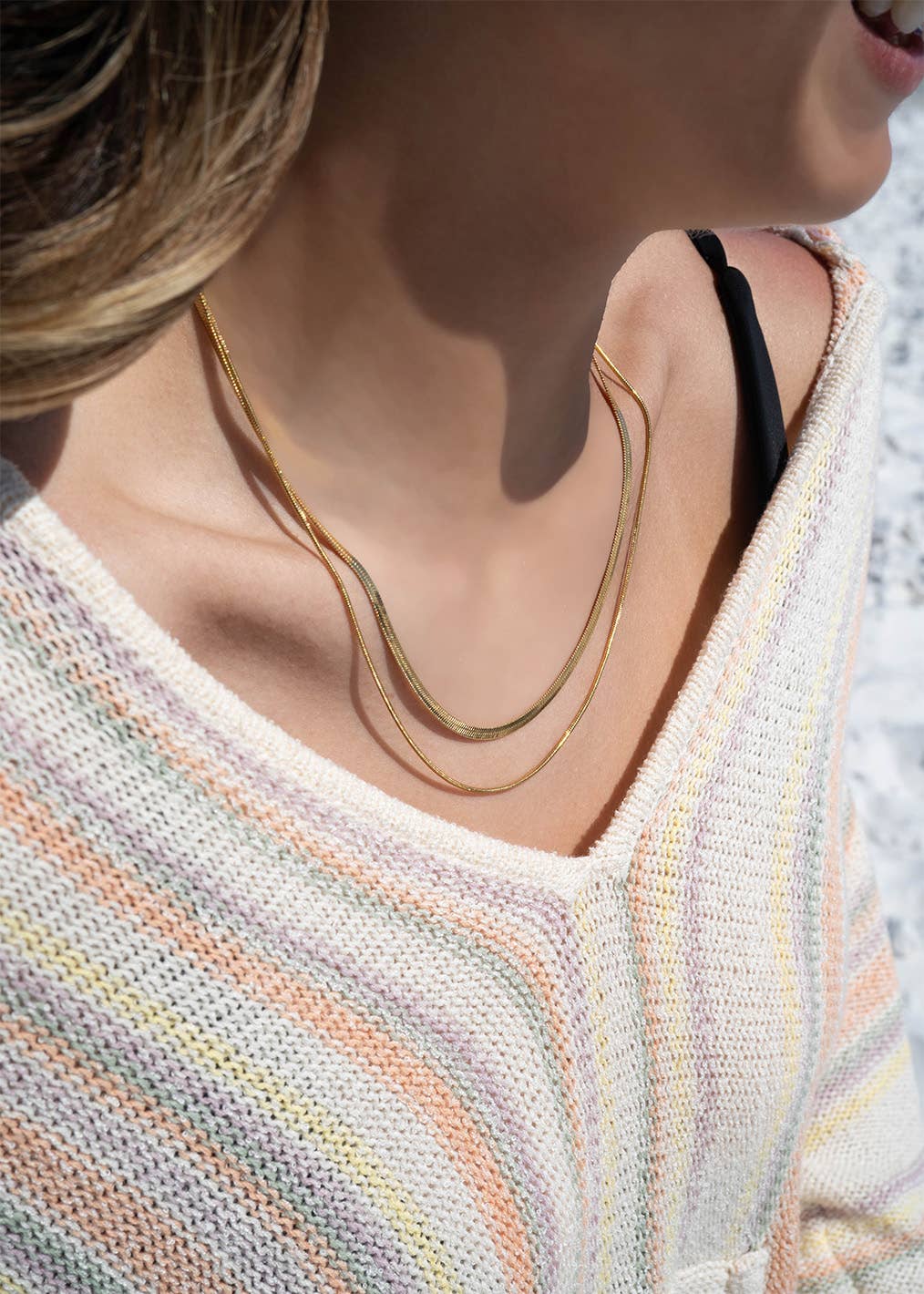 #211 18K Gold PVD Stainless Steel Herringbone and Snake Layered Necklace