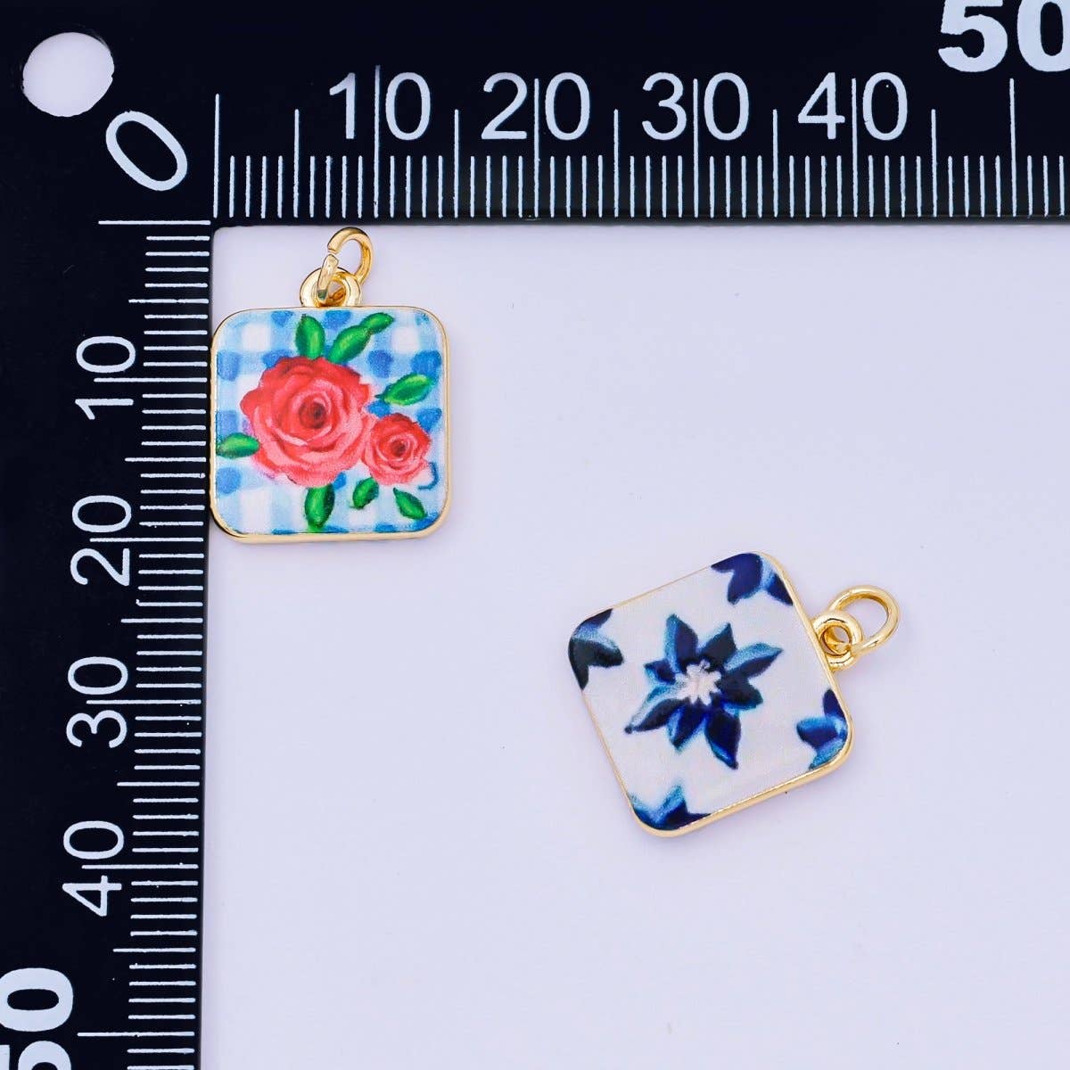 #243 | 24K Gold Filled 17mm Enamel Art Square Red Rose Blue Flower Charm
