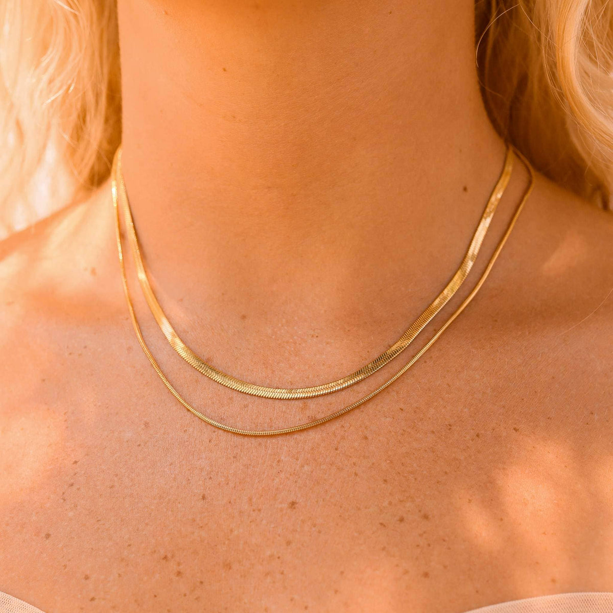#211 18K Gold PVD Stainless Steel Herringbone and Snake Layered Necklace