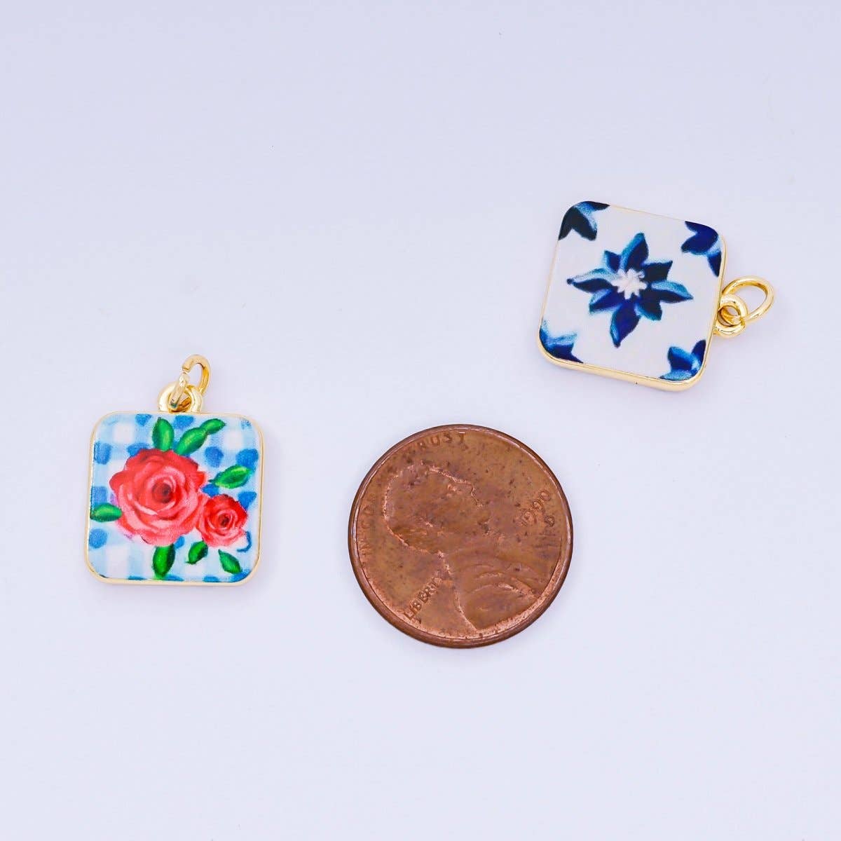 #243 | 24K Gold Filled 17mm Enamel Art Square Red Rose Blue Flower Charm